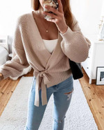 Sexy V-neck Bandage Lace-up Cardigan Sweater Solid Color Hollow Out Women's