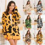 Sweater Women's Mid-length Double Pocket Leopard Print Cardigan