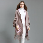 Women's Turtleneck Sweater Thickened Peony Knitted Cardigan Tassel Cape And Shawl Coat