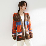 Mid-length Knitted Cardigan Women's Autumn Contrast Color Jacquard Large Size Sweater V-neck Lazy Coat Tide