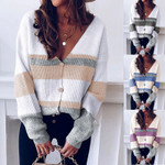 Color Matching Sweater V-neck Buttons Striped Stitching Cardigan