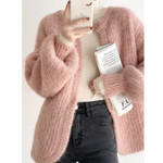 Heavy Industry Alpaca Wool Rouge Pink Large Sweater Knitted Cardigan For Women Lazy And Loose Tide