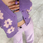 Woolen Cardigan Long Sleeve Fashion Flower Contrast Color Knitwear Sweater For Women