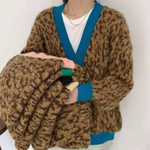 Women's Leopard Knitted Mid-length Cardigan Rabbit Plush Light Loose Sweater Coat