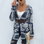 Long Women's Clothing Printed Hooded Sleeve Coat Knitted Cardigan