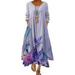 Popular Printed Long-sleeved Dress Women's Hem Irregular Long Long Dresses