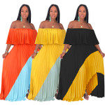 Women's Clothing Off-shoulder Pearl Chiffon Pleated Patchwork Long Dress