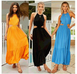 Women's Sexy Backless Pure Color Halter Drawstring Patchwork Dress Long Long Dresses