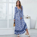 Nuoxi Spring V-neck Fashion Printing High Waist Big Swing Maxi Dress Long Dresses
