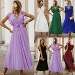Elegant Beach Dress Fashionable Slim-fit Sexy Ruffle Sleeve Chiffon Pleated Skirt Solid Color Long Dresses