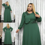 African Retro Hepburn Style Green Dress Women's Clothing Long Sleeve Big Hem Casual Long Dresses
