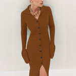 Long Sleeve Lapel Cardigan Button Bell Bedford Cord Sweater Maxi Dress Long Dresses
