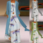 Summer Round Neck Dragonfly Vintage Printed Dress Fake Two-piece Long Skirt Long Dresses