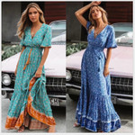 Women's Printed Stitching Tassel Maxi Dress Long Dresses
