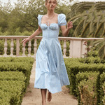 Summer Women's Clothing Retro Puff Sleeve Floral Tie-neck High Slit Maxi Dress Long Dresses