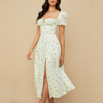 Summer Women's Clothing Retro Puff Sleeve Floral Tie-neck High Slit Maxi Dress Long Dresses