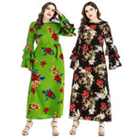 Arab Plus Size Women's Summer Dress Three-layer Wave Sleeve Black And Green Long Dresses
