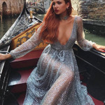 Women's Rhinestone Sequined Sexy Long-sleeved Dress See-through Deep V Nightclub Long Dresses