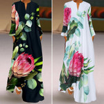Spring Women's Sundress Bohemian Printed Long Dress Casual Long-sleeved Vacation Robe