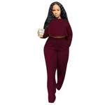 Women's Solid Color Hollow-out Long-sleeved High Waist Wide-leg Pants Two-piece Suit Bottoms