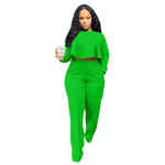 Women's Solid Color Hollow-out Long-sleeved High Waist Wide-leg Pants Two-piece Suit Bottoms