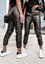 Women's Casual Ankle Banded Pants Lace-up Pure Black Leather Women Bottoms