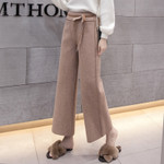 Two-color Woolen Wide-leg Pants Women's High Waist Lace-up Loose Casual Versatile Large Size Cropped Bottoms