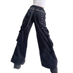 Printed Dark Woven Pants Street Hip-hop Ribbon Wide-leg Casual Pocket Trousers For Women Bottoms
