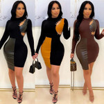Women's Fashion Sexy Tight Hip Skirt Leather Stitching Hollow-out Rope Dress Skinny Dresses