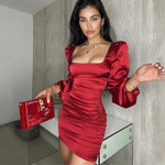 Solid Color Dress Women's Sexy Backless Square Collar Long Sleeve Elegant Bodycon Hip Skirt Skinny Dresses