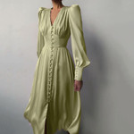 Spring Satin Dress Women's Design Sense Lantern Sleeve Waist Slimming Elegant Slim-fit Skinny Dresses