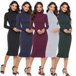 Women's Fashion Solid Color Base Sweater Long Sleeve Stretch Slim Turtleneck Knitting Dress Skinny Dresses