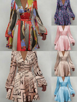 Spring Color Ding V-neck Elegant Slim Dress Lantern Sleeve Skirt Skinny Dresses