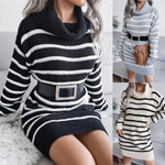 Style Casual Turtleneck Striped Knitted Sweater Dress Women's Clothing Casual Dresses