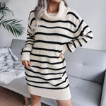 Style Casual Turtleneck Striped Knitted Sweater Dress Women's Clothing Casual Dresses