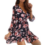 Women's Collar Printed Casual Cropped Sleeve Ruffled Tied Waist Dress Casual Dresses