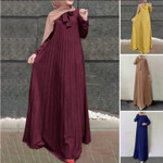 Women 's Muslim Stand-up Collar Ribbon Pleated Loose Long-sleeved Long Dress Casual Dresses