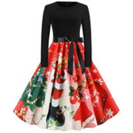 Christmas V-neck Burning Flower Long Sleeve Stitching Big Swing Dress Color 5 Size Casual Dresses
