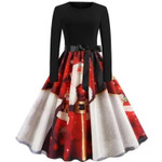 Christmas V-neck Burning Flower Long Sleeve Stitching Big Swing Dress Color 5 Size Casual Dresses