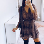 Spring Casual Leopard Print Long Sleeve Tied Collar With Belt Chiffon Dress Casual Dresses