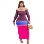 Women's Nightclub Sexy Large V Off-shoulder Positioning Printed Gradient Dress Casual Dresses