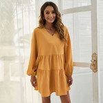 Nuoxi Autumn Women Clothing Loose V-neck Simplicity Casual Long-sleeved Dress For Casual Dresses