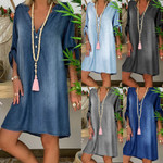 Casual V-neck Clinch Plus-sized Size Multi-color Denim Dress Casual Dresses