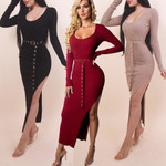 Three-color Sexy Sunken Stripe Stretch Open Side Dress Suit With Belt Casual Dresses