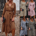 Casual Holiday Style Floral Print Long Sleeve Dress Large Swing Skirt Casual Dresses
