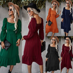 French Style Long Sleeve Dress Solid Color A- Line Casual Vacation Women Casual Dresses