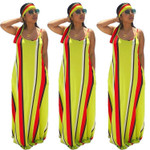 Women's Striped Spaghetti Straps Swing Dress With Headscarf Casual Dresses