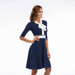 Women's Fashion Bowknot Mid-sleeve Knitted Elegant Dress Autumn Contrast Color Slim Fit A- Line Skirt Casual Dresses