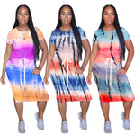 Women's Fashion Tie-dye Positioning Print Pocket Elastic Waist Dress Casual Dresses
