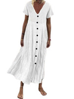 Summer Cotton And Linen V-neck Button Retro Solid Color Short-sleeved Dress For Women Casual Dresses